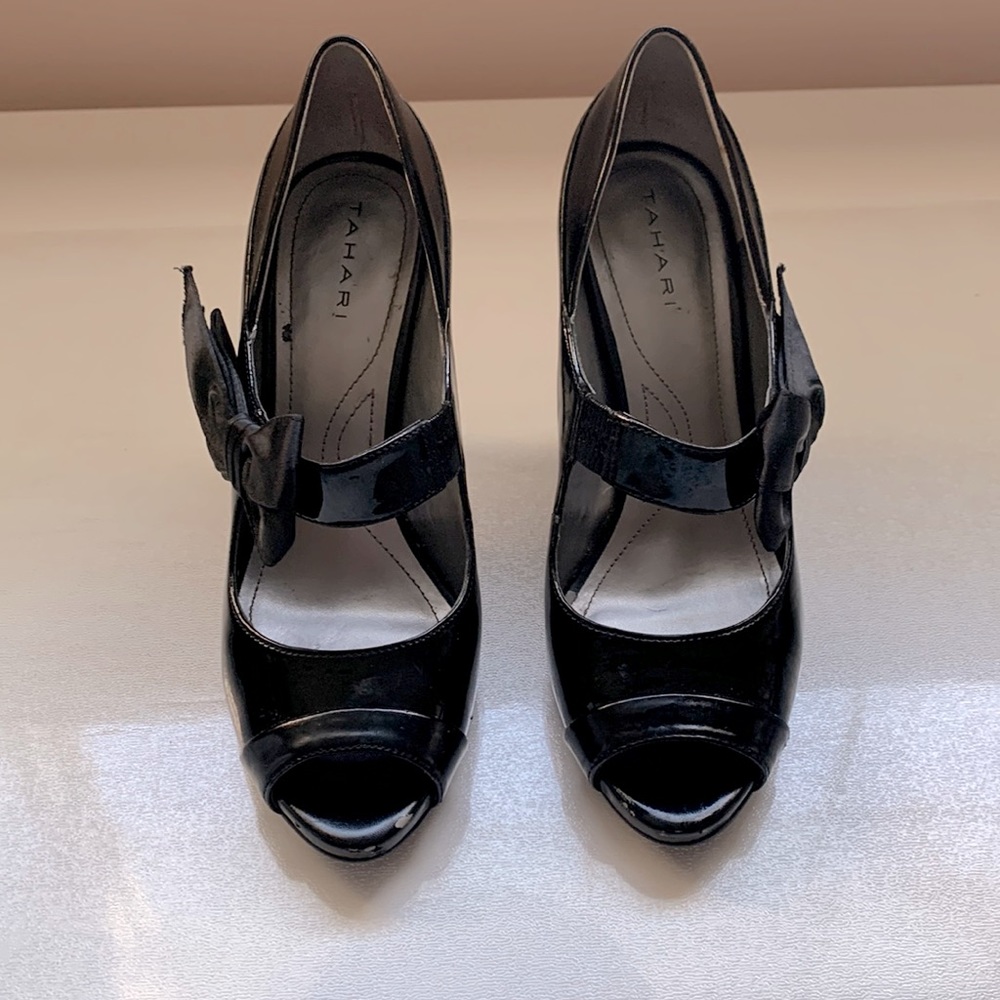 Black Mary Jane bow tie peep toe pumps. Tahari - 8.5